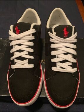 Polo by Ralph Lauren Black Canvas Sneakers with Red Logo and White Laces